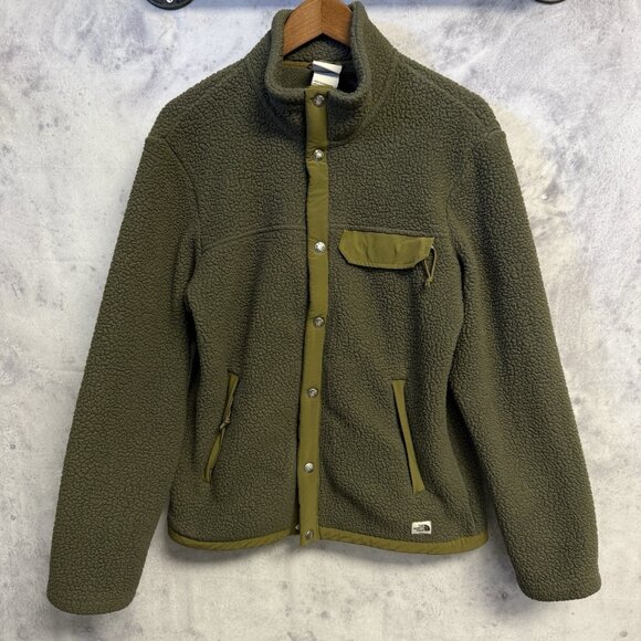 The North Face Deep Pile Fleece Jacket Mens Small Green Snap - Picture 1 of 9